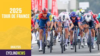 QIDFA, UNITED ARAB EMIRATES - FEBRUARY 20: (L-R) Jonathan Milan of Italy and Team Lidl-Trek, Tim Merlier of Belgium and Team Soudal Quick-Step, Fabio Jakobsen of The Netherlands and Team Picnic PostNL, Jasper Philipsen of Belgium and Team Alpecin-Deceuninck sprint at finish line during the 7th UAE Tour 2025, Stage 4 a 181km stage from Fujairah Qidfa Beach to Umm al Quwain / #UCIWWT / on February 20, 2025 in Fujairah Qidfa Beach, United Arab Emirates. (Photo by Dario Belingheri/Getty Images)