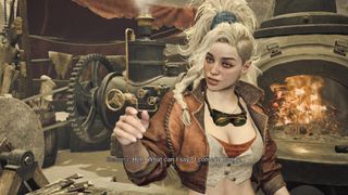 Monster Hunter Wilds review; A young woman with light blonde hair and steampunk-inspired attire stands in a workshop setting, interacting with various mechanical devices.