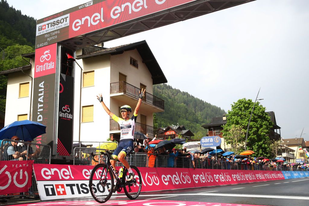 APRICA ITALY MAY 24 Jan Hirt of Czech Republic and Team Intermarch Wanty Gobert Matriaux celebrates at finish line as stage winner during the 105th Giro dItalia 2022 Stage 16 a 202km stage from Sal to Aprica 1173m Giro WorldTour on May 24 2022 in Aprica Italy Photo by Michael SteeleGetty Images