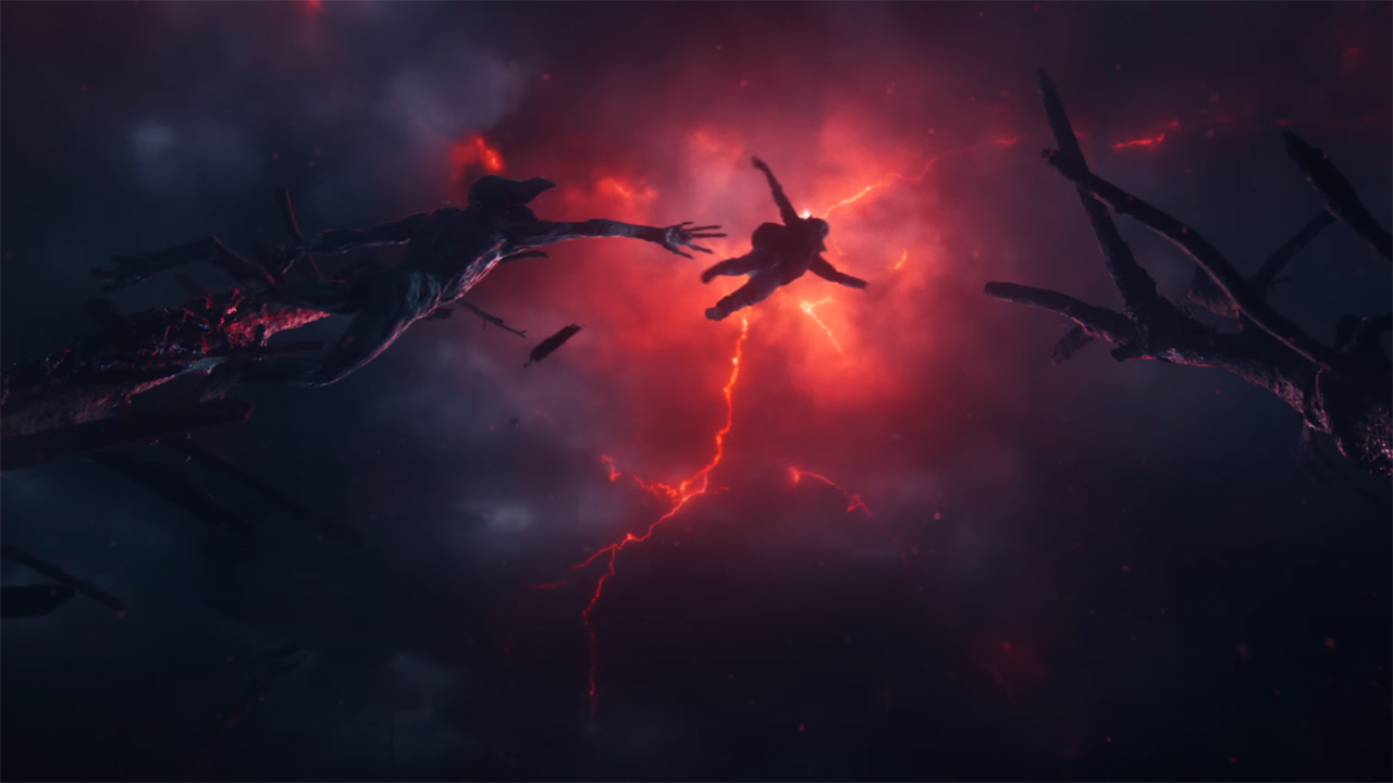 A demogorgon hanging onto a tree and reaching for a human character leaping from one tree to another in Stranger Things season 5