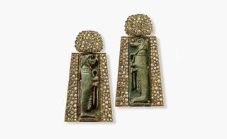 'Sons of Horus' earrings in bronze, silver and white gold with amulets and brown diamonds by Hemmerle