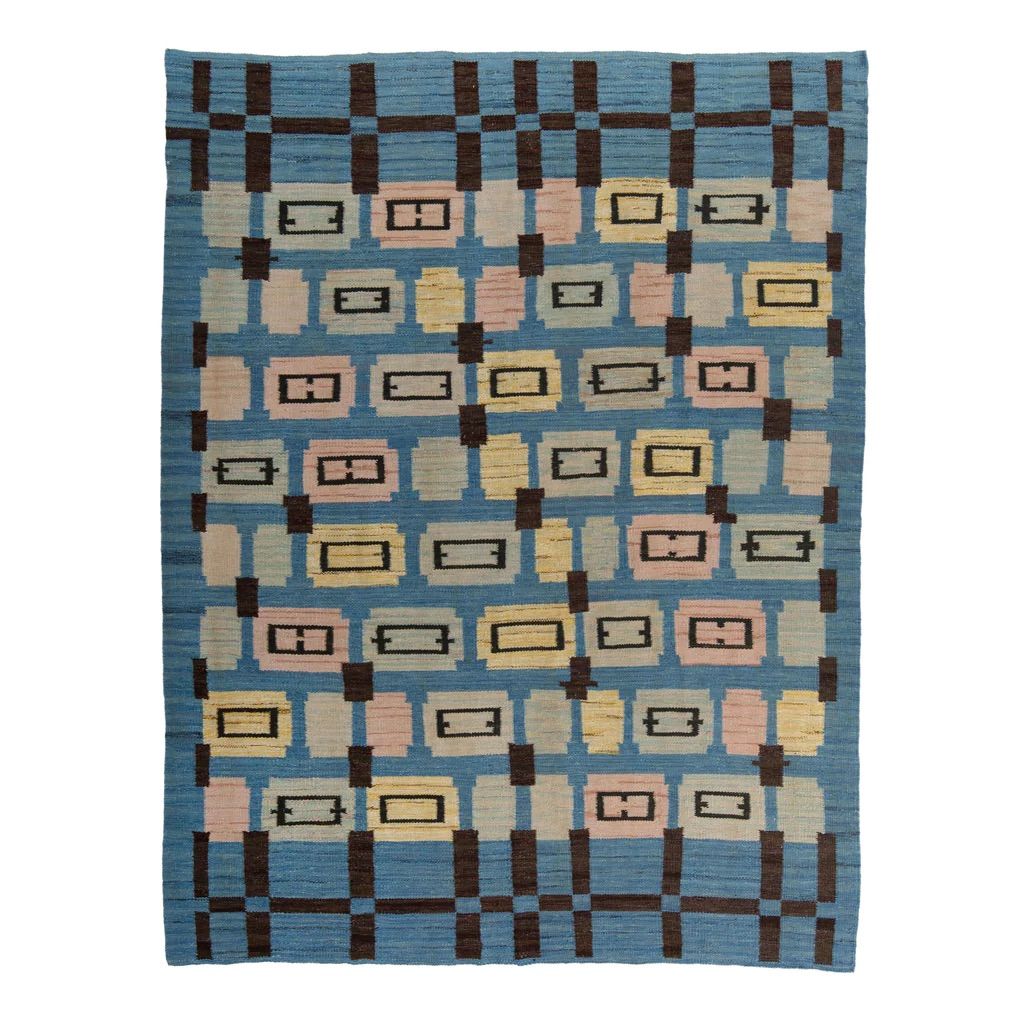 Blue Mid-Century Flatweave Wool Rug