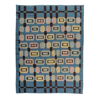 Blue Mid-Century Flatweave Wool Rug