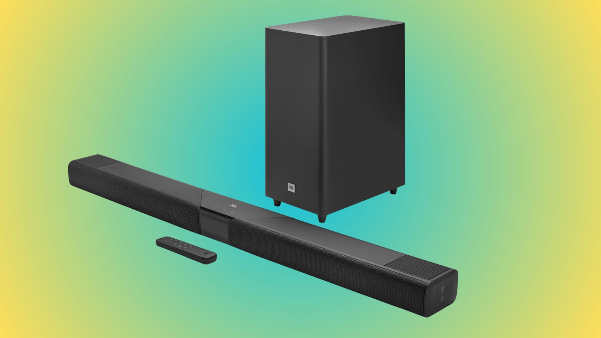 JBL Cinema SB595MK2 on a blue and yellow background. Consists of a black soundbar and a subwoofer, as well as a remote control