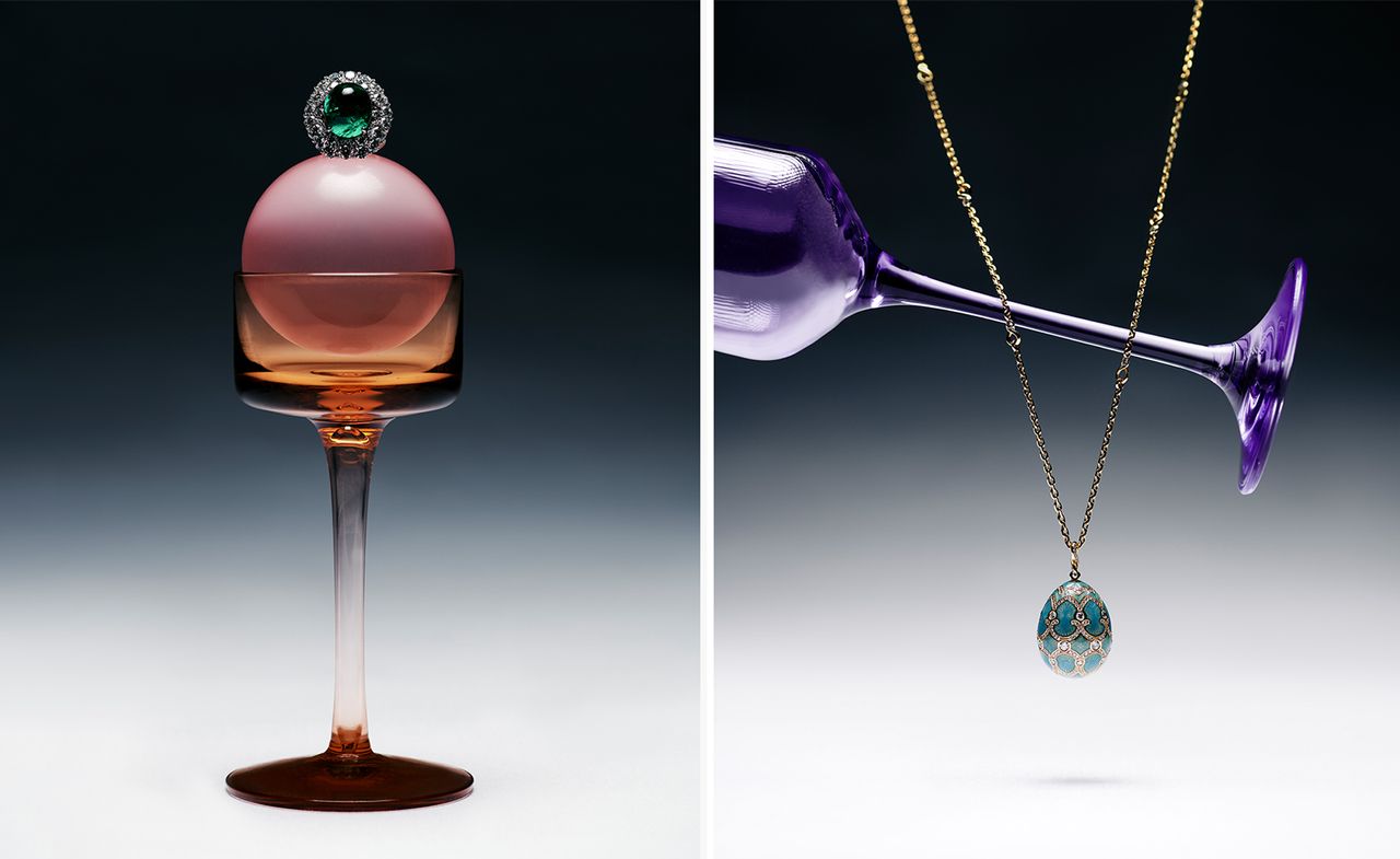 Fabergé jewellery displayed on colourful glassware