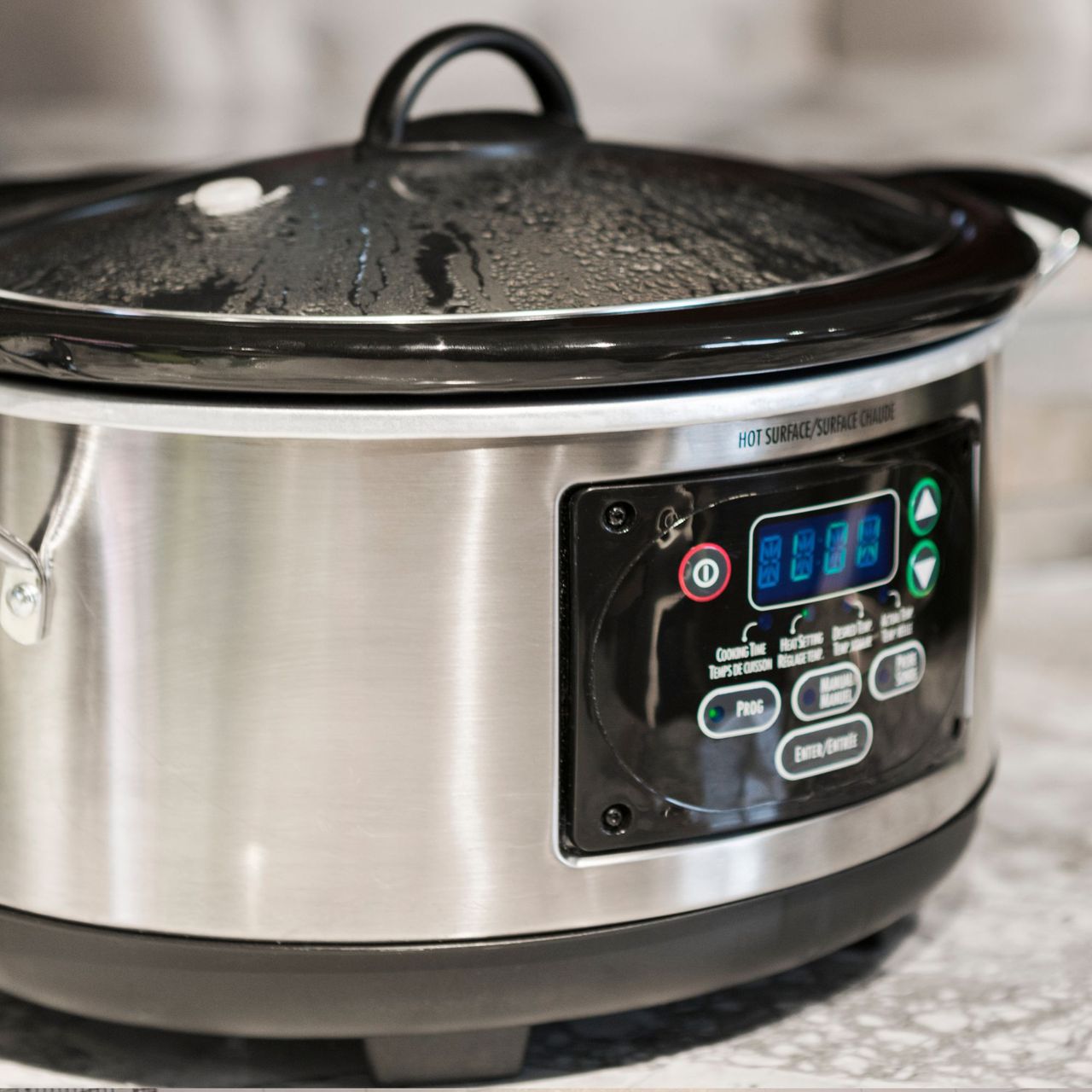 A heated slow cooker.