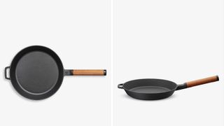 Fiskers Norden cast-iron grill pan, an all black pan with a dark wood handle