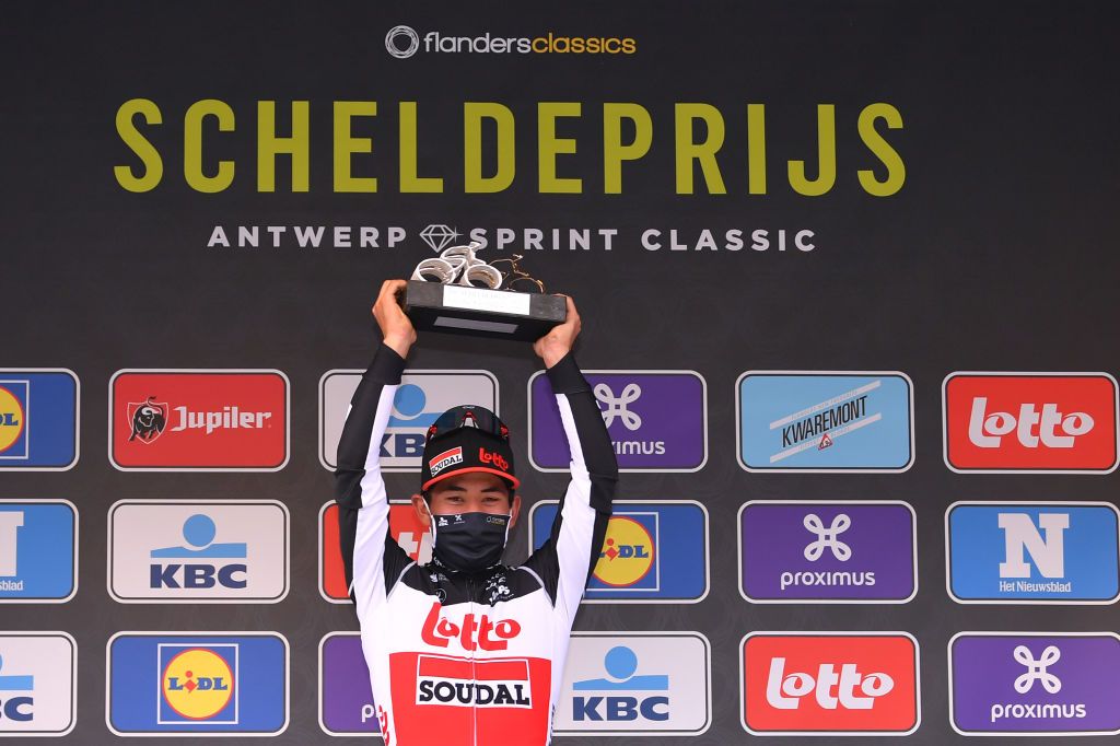 SCHOTEN BELGIUM OCTOBER 14 Podium Caleb Ewan of Australia and Team Lotto Soudal Celebration Trophy Mask Covid safety measures during the 108th Scheldeprijs 2020 a 1733km stage from Schoten to Schoten Scheldeprijs FlandersClassic SP20 on October 14 2020 in Schoten Belgium Photo by Luc ClaessenGetty Images