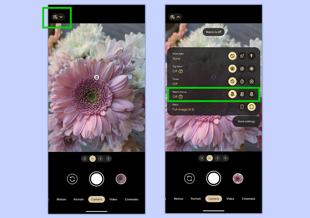 A screenshot showing how to use the Macro Mode on Pixel 7 Pro and Pixel 8 Pro devices