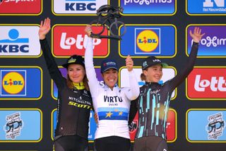 OUDENAARDE BELGIUM APRIL 07 Podium Annemiek Van Vleuten of The Netherlands and Team MitcheltonScott Marta Bastianelli of Italy and Team Virtu Cycling European Champion Jersey Cecilie Uttrup Ludwig of Denmark and Bigla Pro Cycling Team Celebration during the 16th Tour of Flanders 2019 Ronde van Vlaanderen Women Elite a 1592km race from Oudenaarde to Oudenaarde RondeVlaanderen FlandersClassic RVV19 on April 07 2019 in Oudenaarde Belgium Photo by Luc ClaessenGetty Images