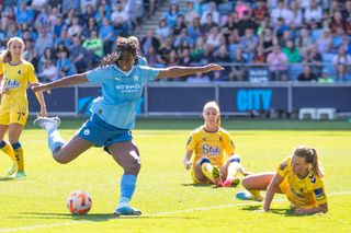 Khadija Shaw #21 of Manchester City scores a goal during the Barclays FA Women's Super League match between Manchester City and Everton at the Academy Stadium, Manchester on Saturday 27th May 2023.