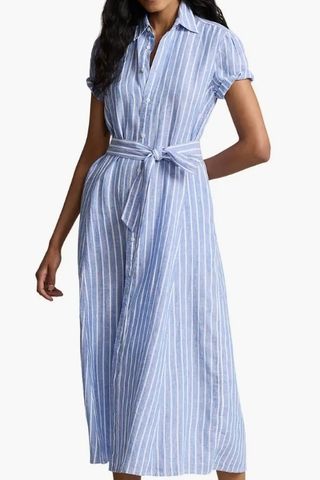 Ashton Stripe Tie Waist Linen Midi Shirtdress