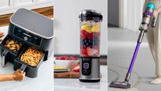 Three panel image of air fryer, blender, vacuum cleaner