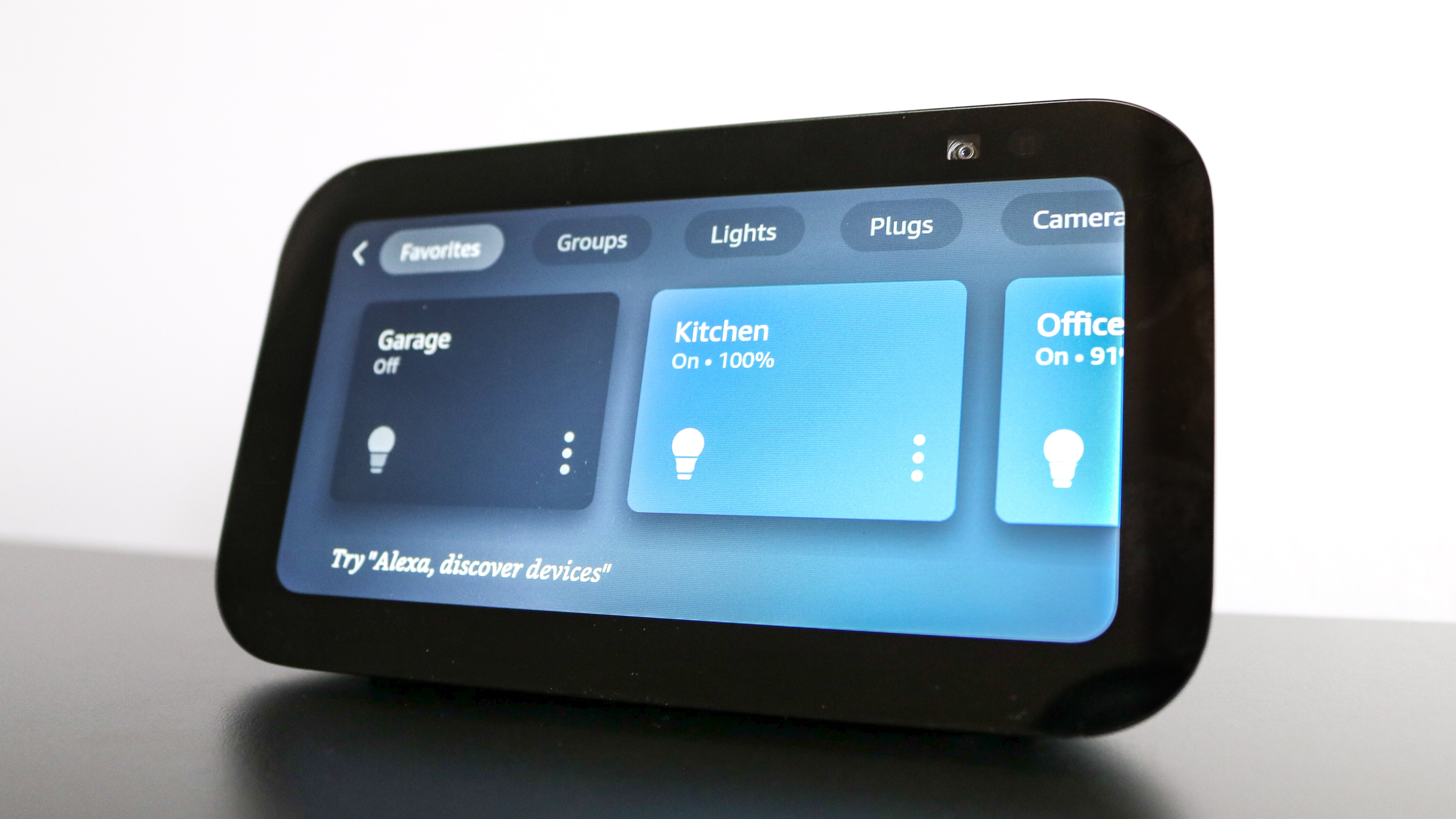 An Echo Show 5 (3rd Gen) showing the smart home dashboard