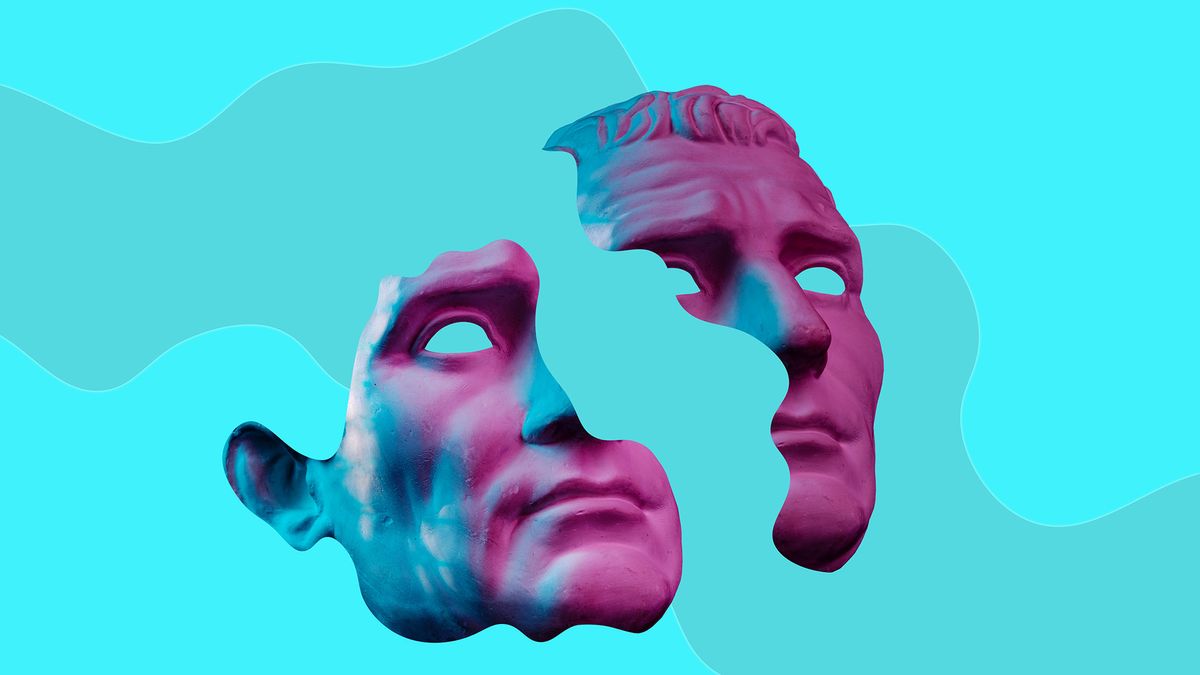 A sculpture of a man&amp;#039;s face carved in two on a blue background