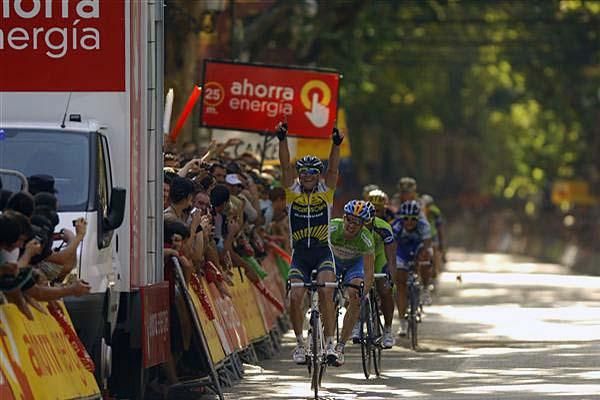 Borut Bozic (Vacansoleil) raises his arms in celebration.