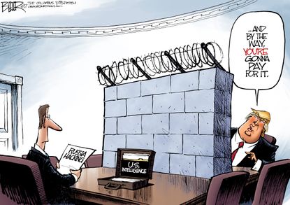 Political cartoon U.S. Donald Trump Russia hacking Mexico border cost