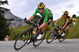 MEGEVE FRANCE AUGUST 16 Wout Van Aert of Belgium and Team Jumbo Visma Green Points Jersey Sepp Kuss of The United States and Team Jumbo Visma during the 72nd Criterium du Dauphine 2020 Stage 5 a 1535km stage from Megeve to Megeve 1458m dauphine Dauphin on August 16 2020 in Megeve France Photo by Justin SetterfieldGetty Images