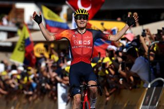 MORZINE LES PORTES DU SOLEIL FRANCE JULY 15 Carlos Rodriguez Cano of Spain and Team INEOS Grenadiers celebrates at finish line as stage winner during the stage fourteen of the 110th Tour de France 2023 a 1518km stage from Annemasse to Morzine les Portes du Soleil UCIWT on July 15 2023 in Morzine les Portes du Soleil France Photo by Michael SteeleGetty Images