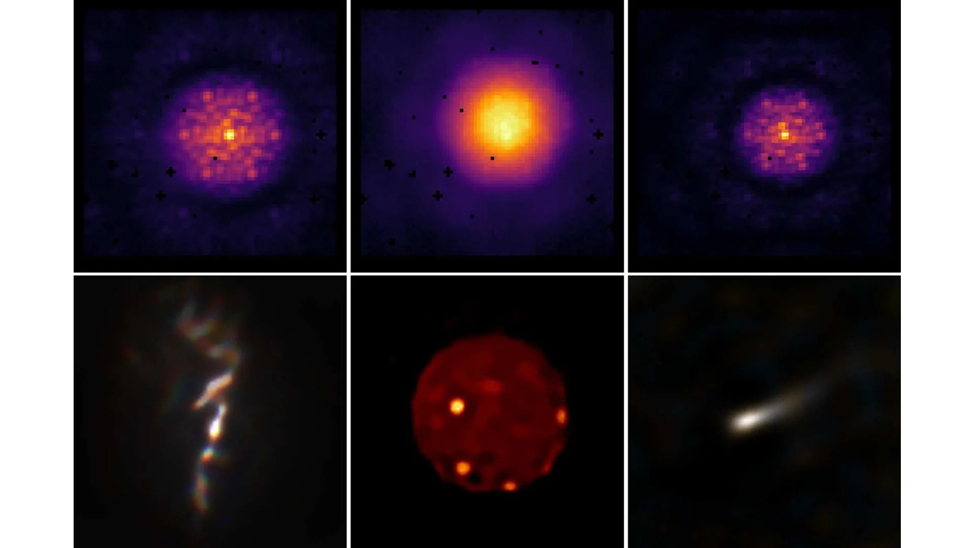 A series of six images showing blurry photos with different colors at the top and streaks of light at the bottom