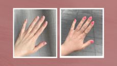 Collage of two images showing baby pink BIAB nails and a regular gel manicure with bright pink polish