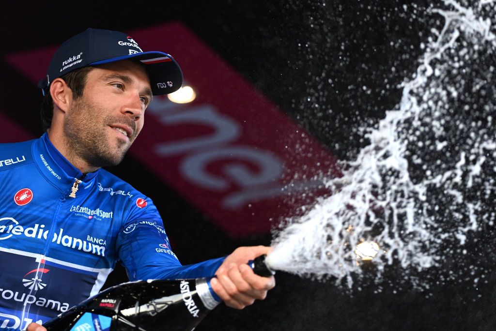 Thibaut Pinot wears the Blue Mountain Jersey after stage 6 at the Giro d&#039;Italia