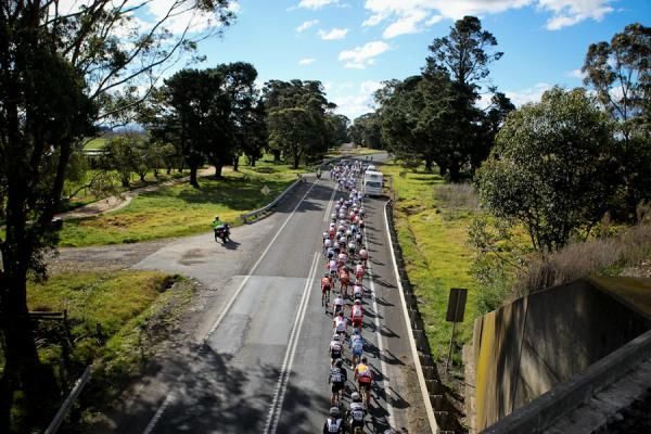The peloton stretches out en-route to Dargo