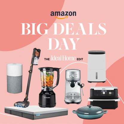 An air purifier, stick vacuum, mattress, blender, coffee machine, Le Creuset pan, dehumidifier and air fryer on a pink background with text that reads 'Amazon Big Deals Day the Ideal Home edit'