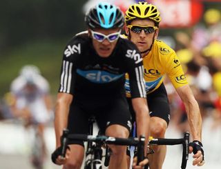 Chris Froome leads teammate and race leader Bradley Wiggins over the line on stage 17 of the 2012 Tour de France