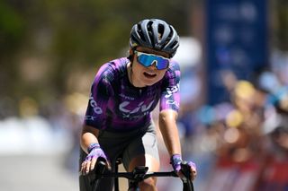 WILLUNGA HILL AUSTRALIA JANUARY 18 Silke Smulders of The Netherlands and Team Liv Alula Jayco crosses the finish line during the 9th Santos Womens Tour Down Under 2025 Stage 2 a 115km stage from Unley to Willunga Hill 370m on January 18 2025 in Willunga Hill Australia Photo by Dario BelingheriGetty Images