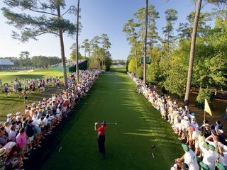 Tiger Woods teeing off from the 18th tee at the 2005 Masters