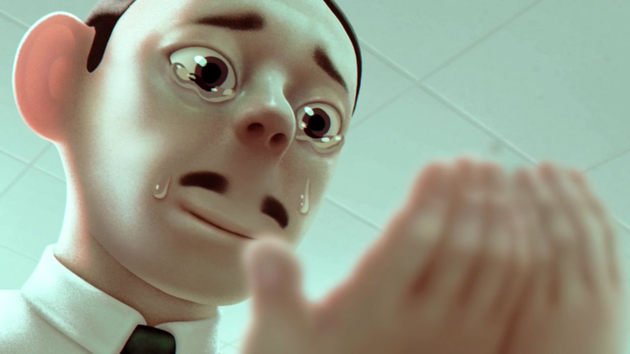 A still from the animated series Ambient Swim with a claymation man looking at his hands