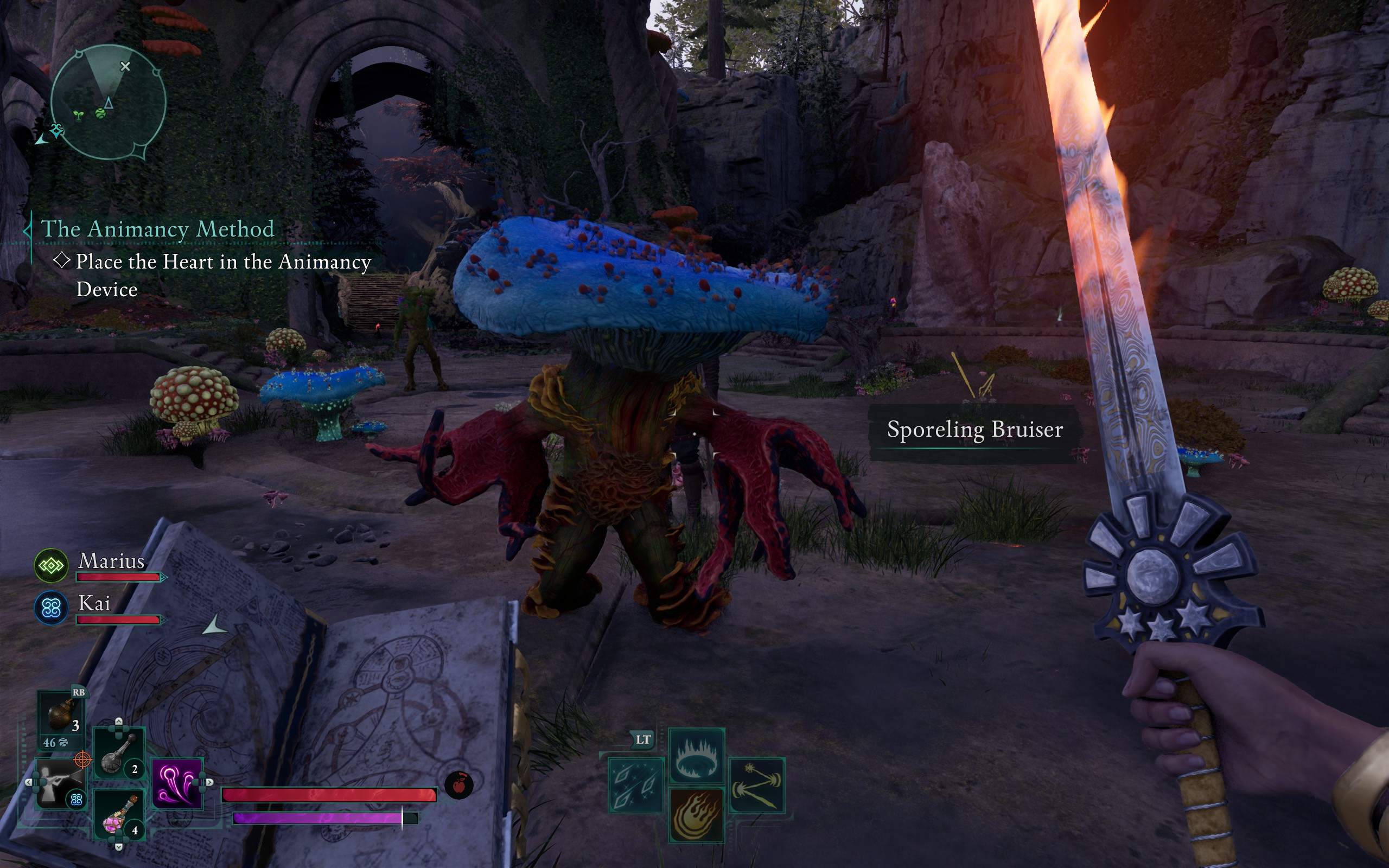 An Avowed player equipped with a fire sword and a grimoire is attacked by a mushroom-shaped foe