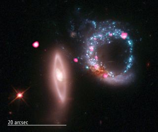 This image of the two galaxies that form Arp 147 shows a vast cosmic ring of stars (blue) and black holes (pink) as seen by the Chandra X-ray Observatory and Hubble Space Telescope. Another galaxy is also visible (vertical at left), as well as a bright st