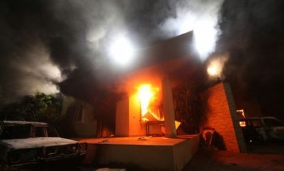 The U.S. Consulate in Benghazi is aflame during a violent protest on Sept. 11