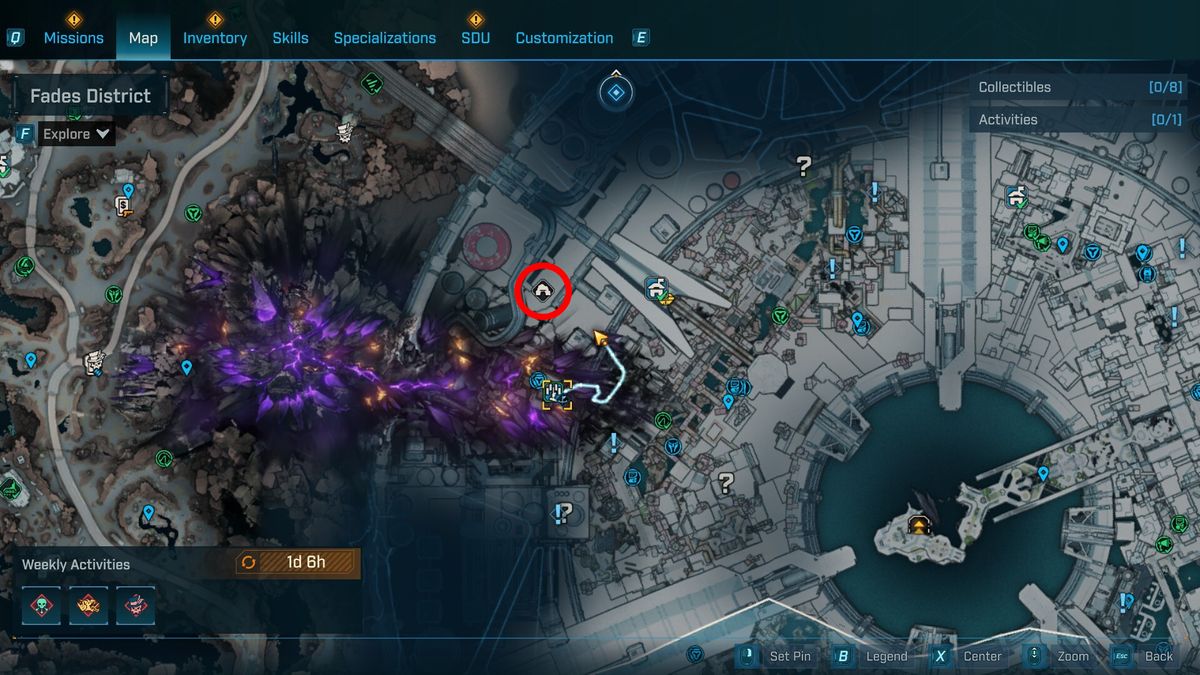 Borderlands 4 Bod location: A map with a red circle shows the location of the Toil of Spoiling Vis mine in Dominion's Carcadia District.