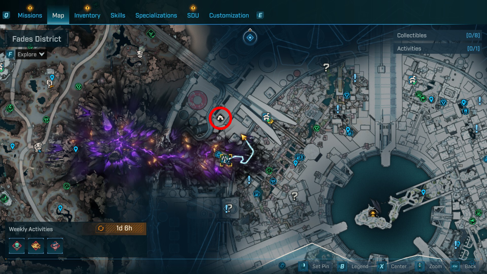Borderlands 4 Bod location: A map with a red circle shows the location of the Toil of Spoiling Vis mine in Dominion's Carcadia District.