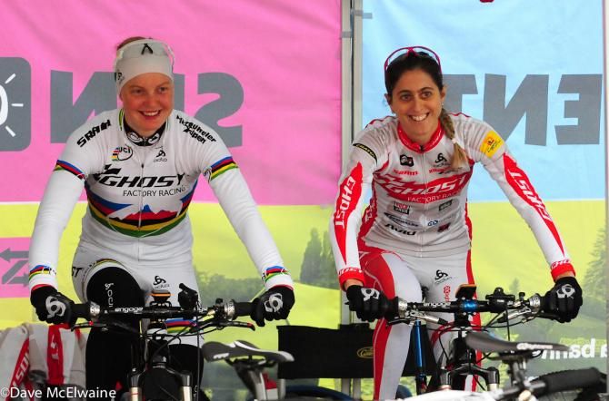 Ghost Factory Racing teammates Alexandra Engen (L) and Katrin Leumann warming up before the event