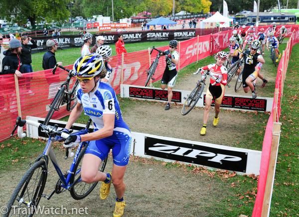 Georgia Gould (Luna Pro Team) leading over the barriers on lap two