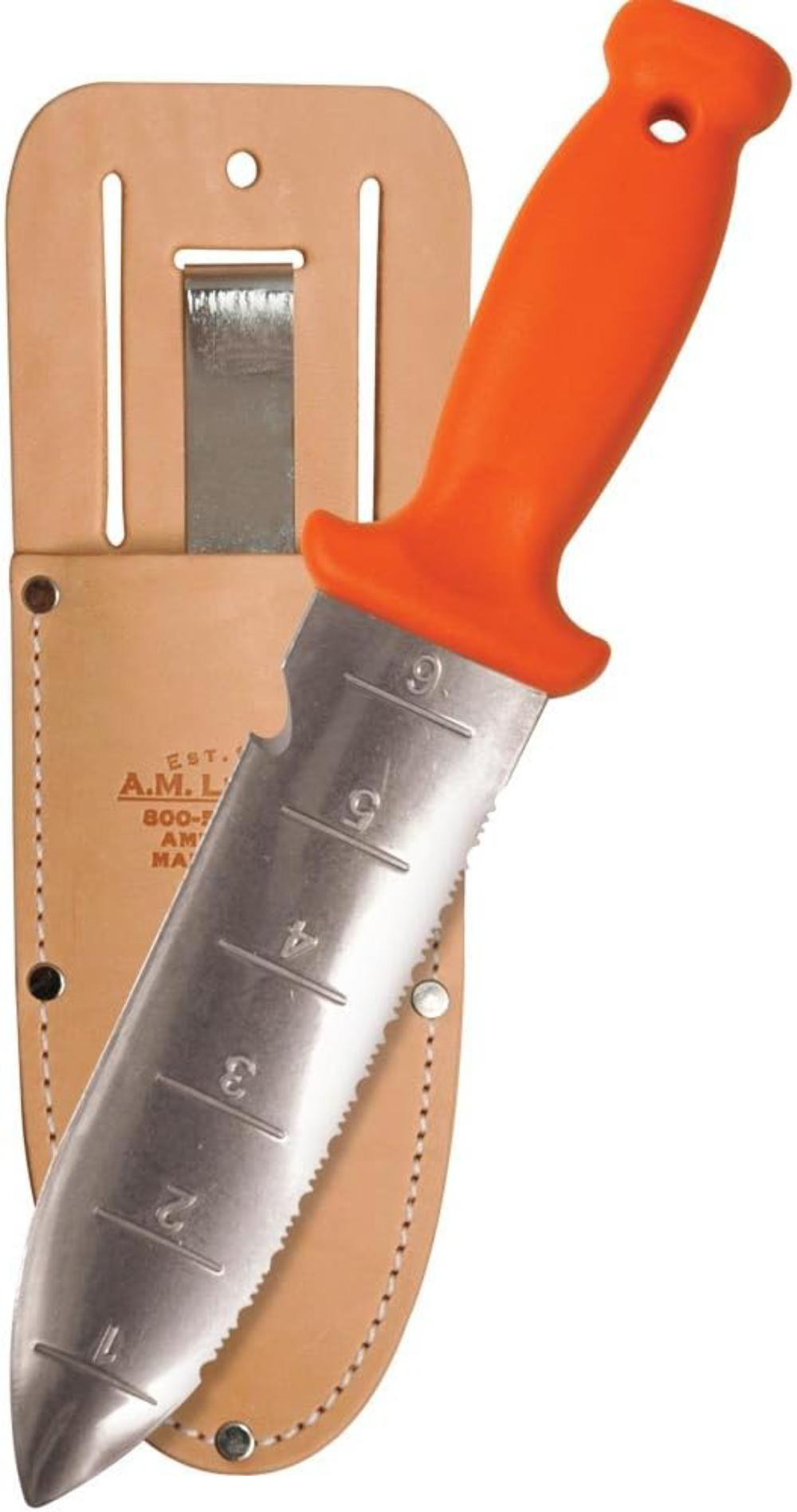 Soil knife with bright orange handle and leather sheath