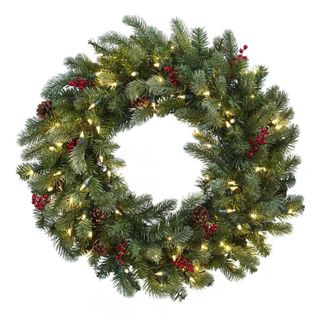 Nearly Natural Pine Wreath with Berries against a white background.