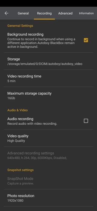 AutoBoy Dash Cam App settings screenshot