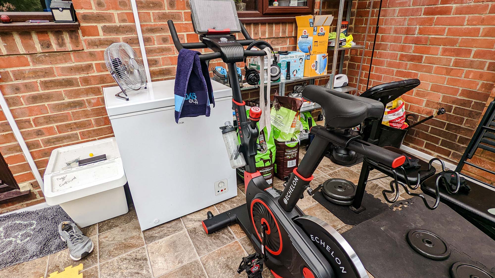 Echelon Ex-3 Smart Connect Bike set up in a garage