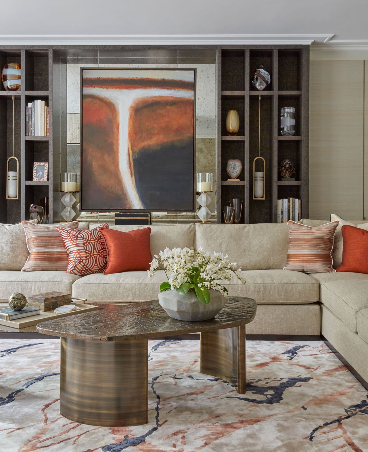Redd and grey artwork and rug