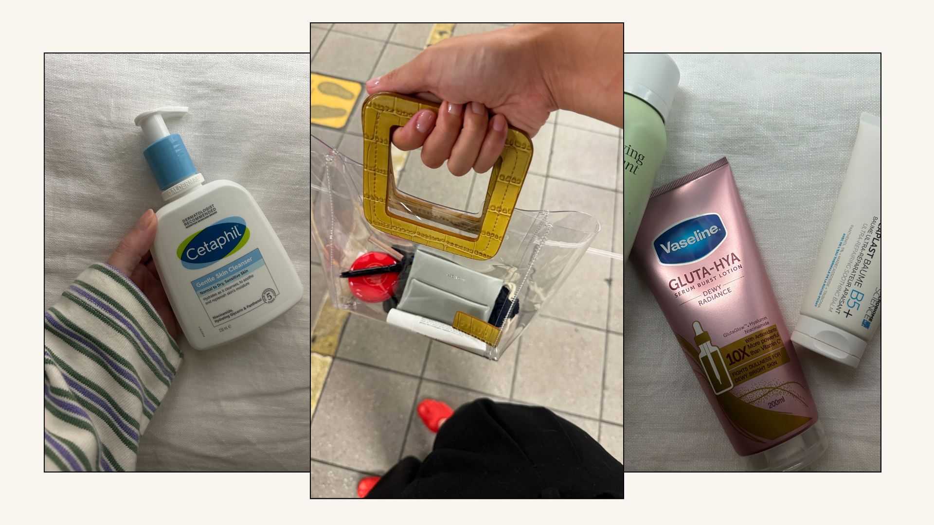 A collage of a woman holding a clear handbag with makeup products in and affordable beauty products on a white linen background