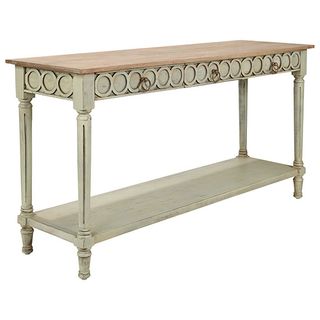 Cercle Console Table painted in Pale Olive with a distressed effect, with three drawers decorated with a circular motif and a lower shelf