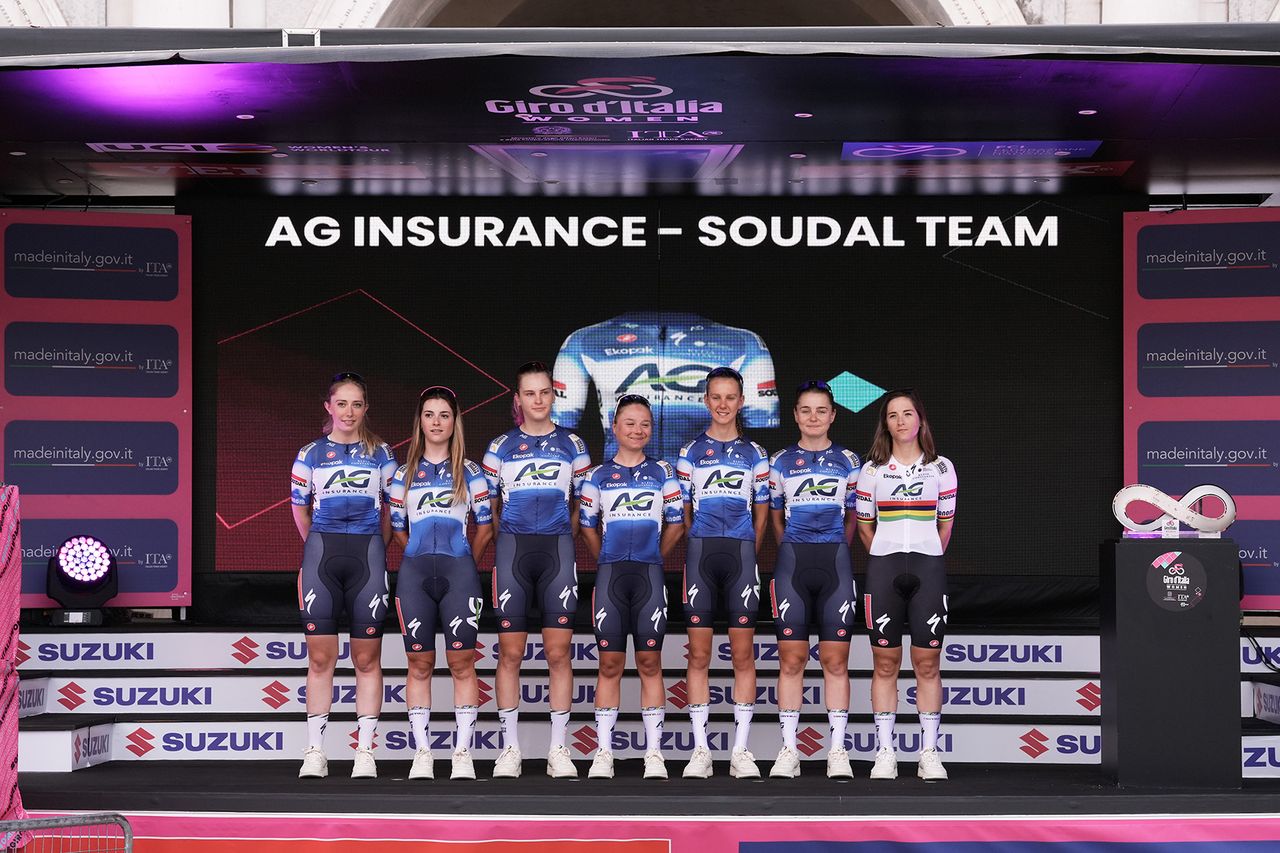 AG Insurance-Soudal on stage at the 2024 Giro d'Italia Women at the teams presentation at the Piazza della Loggia in Brescia