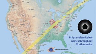 Map of North America showing the path of the total solar eclipse on April 8, 2024 passing through eclipse-related place names. 