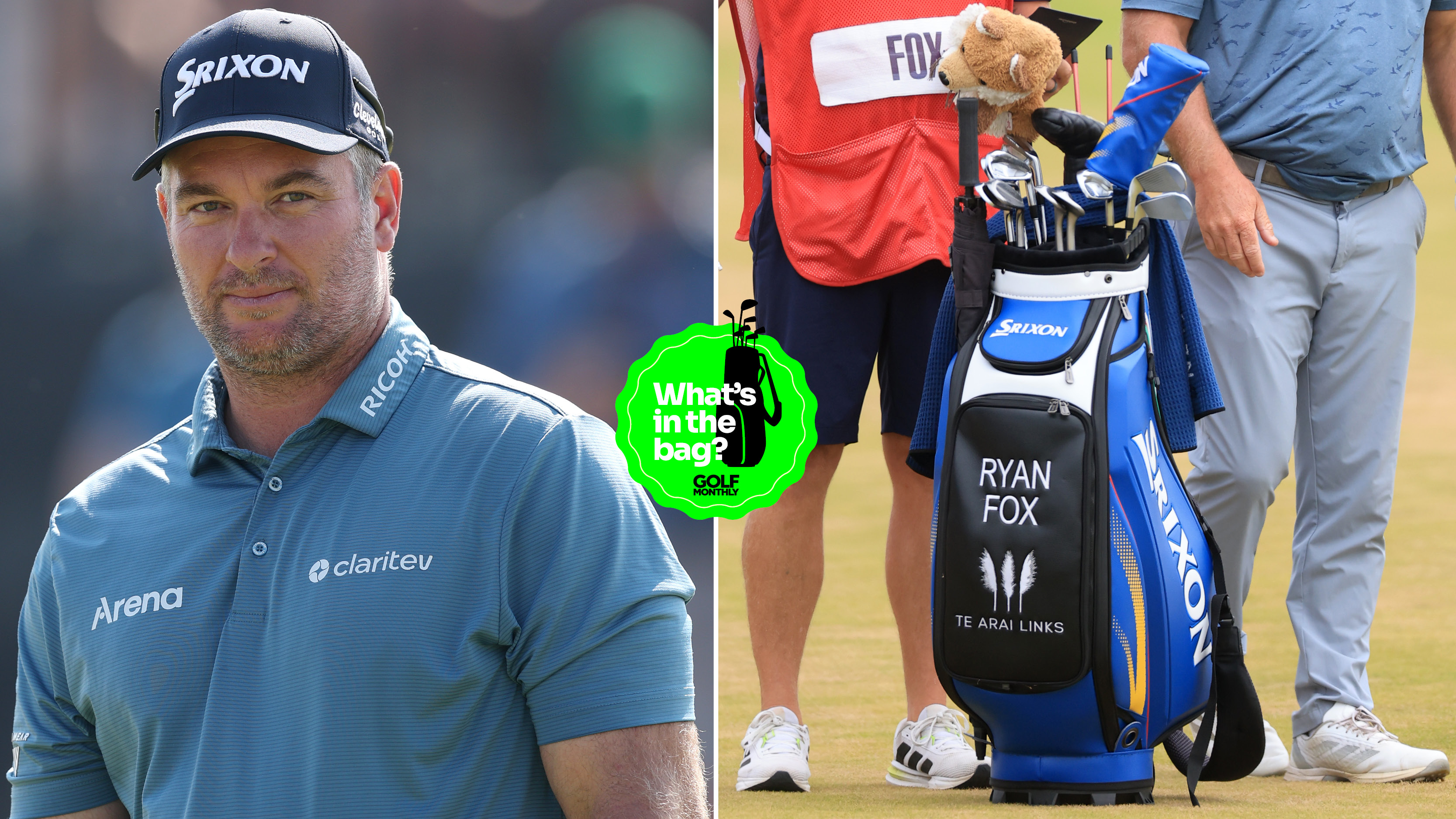 Ryan Fox looks on, with a close-up of his golf bag