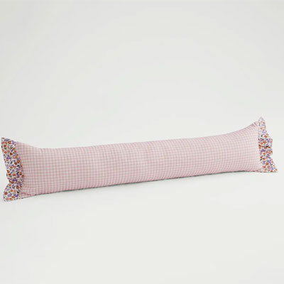 pink and white gingham draught excluder with floral details